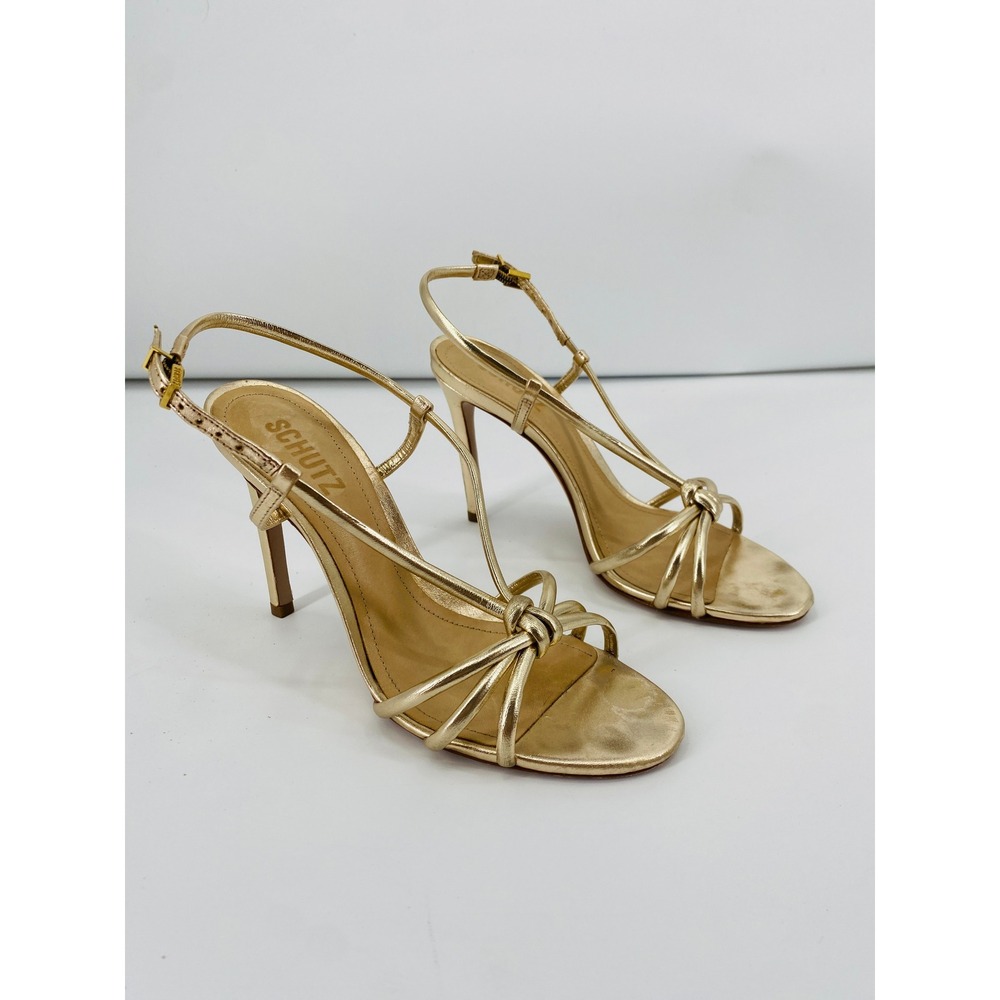 Schutz Strappy Heeled Sandals Women 7B Gold Metallic Knot Stiletto
